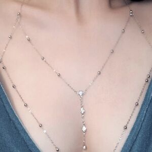 Shiny Silver Chest Chain Body Jewelry with Glossy Beads & Zircon Rhinestones!